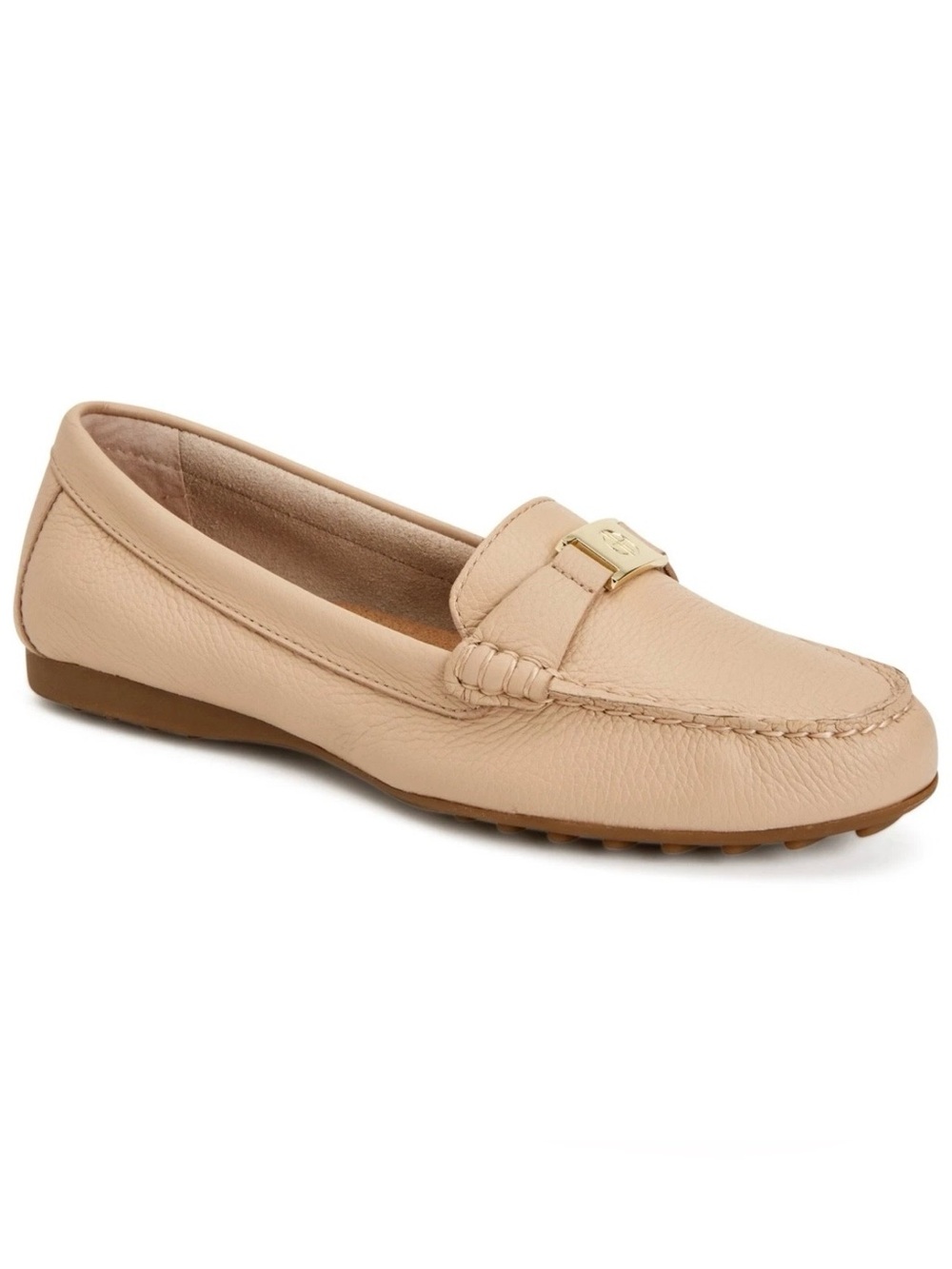 Giani Bernini Beige Leather Driving Loafers with Gold Accent